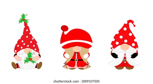 Vector  - Set of cute Gnome with Christmas dress. Holiday season greeting, X'mas, New Year. Can be use decorate for any card, print, sticker, banner, brochure.