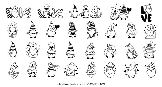 Vector Set of Cute Gnome. Gnomes for Valentine Day. Valentine's Day Bundle.  Line vector illustration. Template for greeting card, sticker, poster, clipart. 