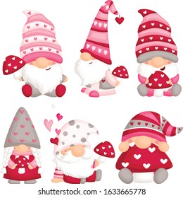 A Vector Set of Cute Gnome Holding Mushroom for Celebrating Valentine’s Day