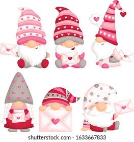 A Vector Set of Cute Gnome Holding Love Letter for Celebrating Valentine’s Day