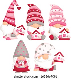 A Vector Set of Cute Gnome Holding Love Bird House for Celebrating Valentine’s Day