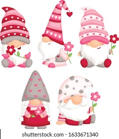 A Vector Set of Cute Gnome Holding Flower for Valentine Celebration