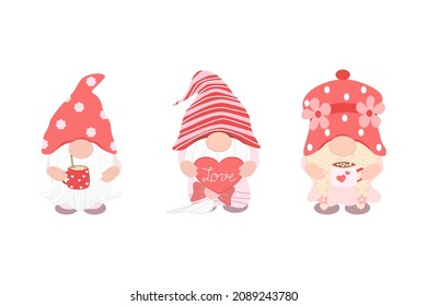 Vector - Set cute Gnome holding coffee cup and heart pillow on pink theme. Valentine's. Can be use decorate any card, web, poster, sticker, print, paper.