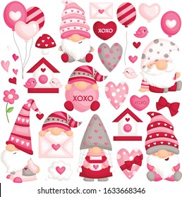 A Vector Set of Cute Gnome In Many Poses Celebrating Valentine’s Day