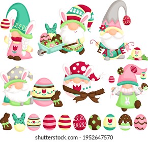 A Vector Set of Cute Gnome In Many Poses Celebrating Easter Day