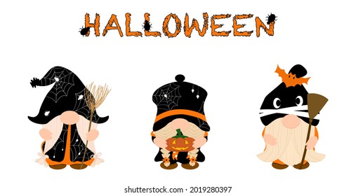 Vector - Set cute gnome on Halloween dress concept. Clip art. Bundle. Can be use for print, paper, sticker, web. Holiday season.