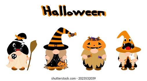Vector - Set cute Gnome on halloween clothes concept. Pumpkin, candy, ghost. Clip art. Bundle. Can be use for print, paper, sticker. Decorate card, web, banner.
