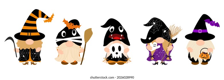 Vector - Set cute Gnome on halloween clothes concept. Pumpkin, candy, ghost. Clip art. Bundle. Can be use for print, paper, sticker. Decorate any card, web, poster, banner.