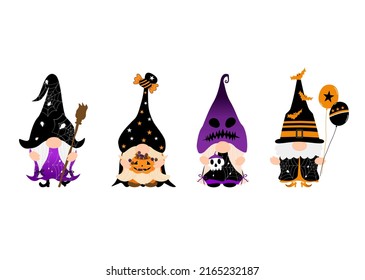 Vector - Set cute gnome on halloween dressing concept. Pumpkin, candy, witch, balloon. Can be use decorate any card, web, poster, banner. Clip art. Bundle.
