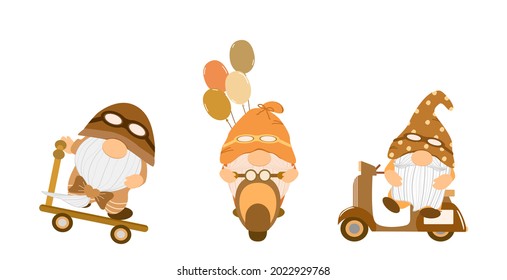 Vector - Set von süßen Gnome Motorrad fahren, Roller einzeln auf weißem Hintergrund. Herbst, Herbstkonzept. Orange und braune Farbe. Kann verwendet werden, um jede Karte, Web, Druck, Aufkleber, Icon dekorieren. Clipart.