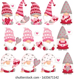 A Vector Set of Cute Gnome Thinking about Love and Celebrating Valentine’s Day