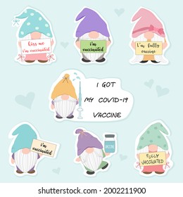Vector - Set of cute Gnome with vaccinated concept. Coronavirus (Covid-19). Healthcare, medical concept. Clip art. Can be use for sticker, print, paper card, banner.