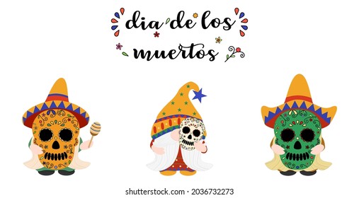 Vector - Fija la linda Gnome usando y sosteniendo la máscara del cráneo. Día de los muertos. Temporada de fiestas mexicanas. Se puede usar decorar cualquier tarjeta, web, afiche, banner, impresión, pegatina.