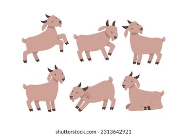 Vector set of cute goats on white background. Goat made in cartoon style