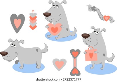 Vector conjunto de lindo perro gris ​​characters con corazones
