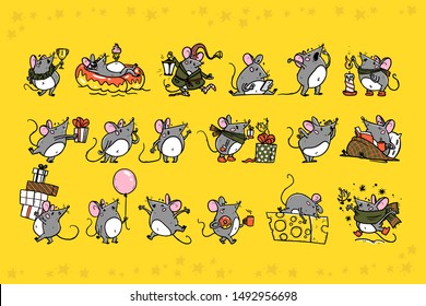 Vector set of cute gray mouse character in different poses: sit, jump, celebrate, walk, read, rest isolated on yellow background. Sticker emoticon design. Hand drawn style. For card, web banner, print