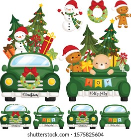 A Vector Set of Cute Green Christmas Truck From Front and Back Side with Lots of Christmas Decoration