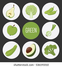 Vector set of cute green color fruits and vegetables: pear, cabbage, cucumber, apple, onion zucchini, avocado, broccoli. You can use for food icon, background, labels, card banner or sticker.