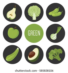 Vector set of cute green color fruits and vegetables: pear, cabbage, cucumber, apple, onion zucchini, avocado, broccoli. You can use for food icon, background, labels, card banner or sticker.