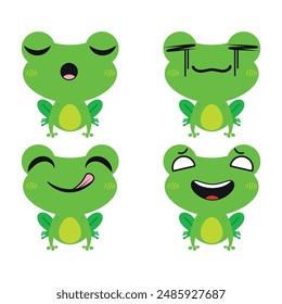 Vector set of cute green Frog emoji faces with various expressions. Isolated on white background