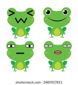 Vector set of cute green Frog emoji faces with various expressions. Isolated on white background