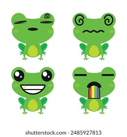 Vector set of cute green Frog emoji faces with various expressions. Isolated on white background