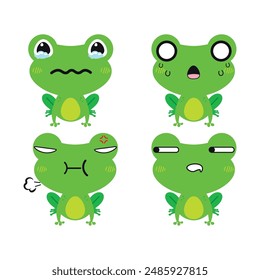 Vector set of cute green Frog emoji faces with various expressions. Isolated on white background