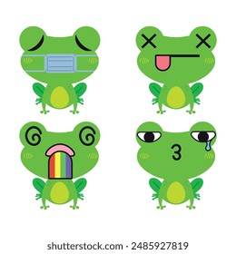 Vector set of cute green Frog emoji faces with various expressions. Isolated on white background