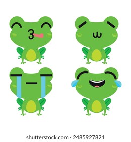 Conjunto de Vector de lindas caras de emoticones de rana verde con diversas expresiones. Aislado sobre fondo blanco