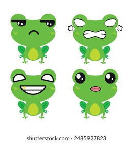 Vector set of cute green Frog emoji faces with various expressions. Isolated on white background