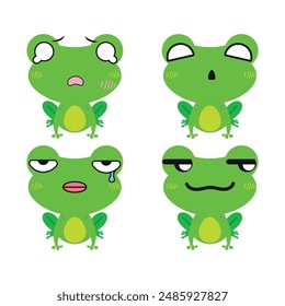 Vector set of cute green Frog emoji faces with various expressions. Isolated on white background