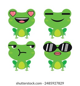 Vector set of cute green Frog emoji faces with various expressions. Isolated on white background