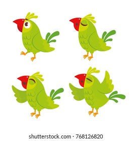 Vector set of cute green parrot. For card, calendar, sticker, baby clothes