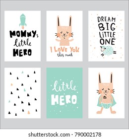 vector set of a cute greeting card templates with characters and hand lettering text