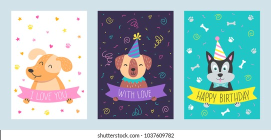 Vector set of cute greeting cards with dog. Handdrawn illustrations for print, cards, poster, banner and other design.