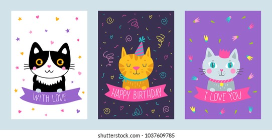 Vector set of cute greeting cards with cat. Handdrawn illustrations for print, cards, poster, banner and other design.