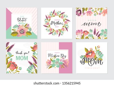 Vector Set of cute greeting cards for Mother's Day with hand drawn blossom flowers, wreath, patterns and modern brush calligraphy