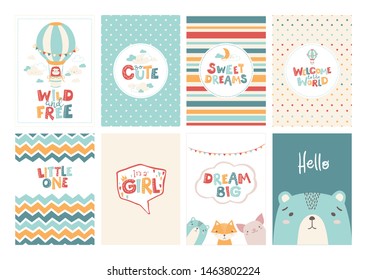 Vector set of cute greeting cards for baby in a simple Scandinavian style and pastel palette. Ideal for children's rooms