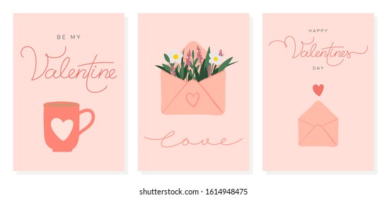 Vector set of cute, greeting cards. Happy Valentine's Day. Calligraphy, lettering. Hand lettering, love, be my Valentine. Illustrations, hearts, envelope, leaves, flowers, mug.