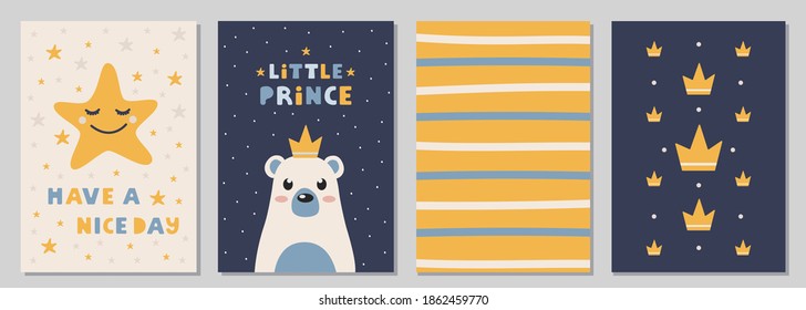 Vector set of cute greeting cards or nursery posters with cute bear, crown, stars and text in scandinavian style. Modern design for prints, cards, apparel, children room
