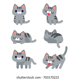 Vector set of cute grey short hair tabby cat characters in different action poses isolated on white background.