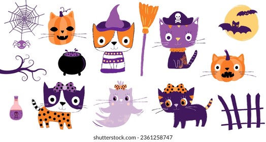 Vector set with cute Halloween cats, pumpkins, ghost, spider and bats, funny design elements for holiday invitation, greeting cards, banners and posters