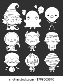 a vector set of cute halloween characters in black and white colours