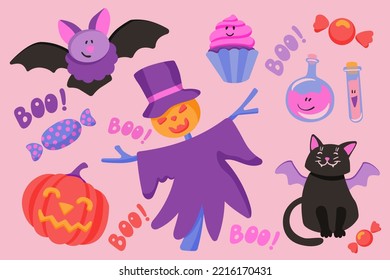 Vector set of cute Halloween elements on a pink background. Funny characters for the holiday, a good-natured pumpkin, a scarecrow in a hat, a cat with wings, a bat, flasks with potion, a cake.