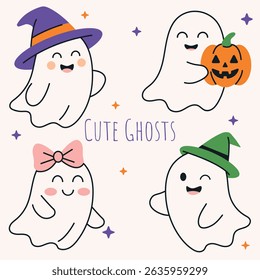Vector set of cute Halloween ghosts in cartoon style. Fun characters with hats, bow, and pumpkin. Perfect for kids, stickers, party decor, greeting cards, and fall crafts.