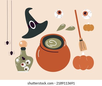 Vector set cute Halloween icons: ghosts, zombie eye,  pumpkin, spiders. Doodle collection with holiday decorations. Funny Halloween greeting card.