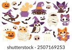 Vector set of cute Halloween illustrations. Cats in different costumes mummy spider ghosts dracula witch owl bat skeletons pumpkin. 