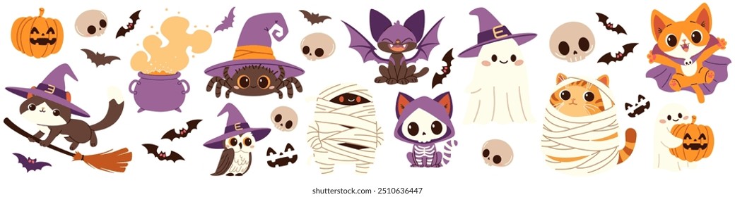 Conjunto de Vector de lindas ilustraciones de Halloween. Gatos con diferentes trajes fantasmas de la araña de la momia dracula búho de bruja esqueletos de murciélago calabaza. 