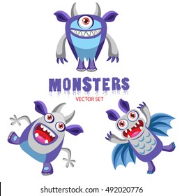 Vector Set Cute Halloween Monsters With Toothy Smiles. Funny Colorful Cartoon Monsters Characters. 