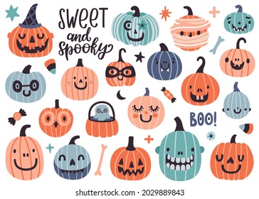 Vector set of cute Halloween pumpkins and handwritten text 'Sweet and spooky'.Holiday collection with traditional Halloween decorations.Jack-o'-lanterns set. Halloween greeting card. Isolated on white